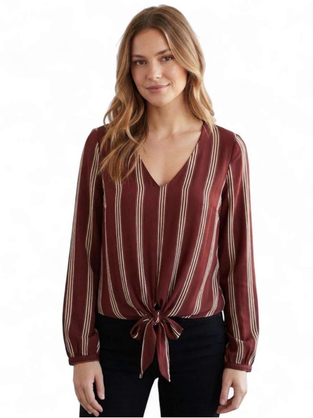 Guess Burgundy/maroon and Cream Striped V-Neck Tie-Front Blouse